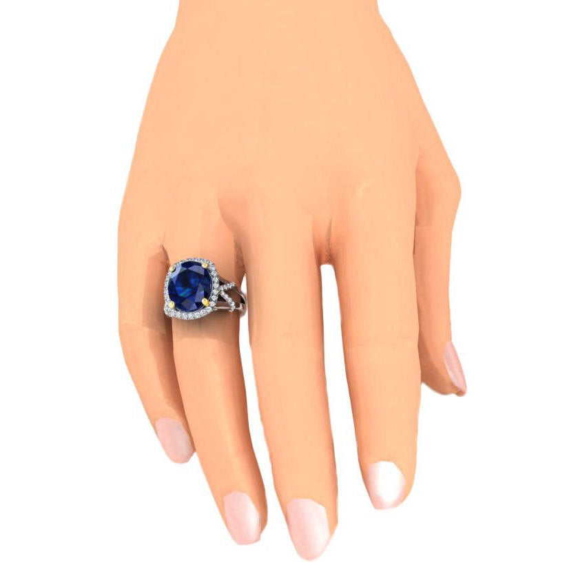 Bague Saphir Bleu Ovale Et Diamants Taille Ronde De Pierres Précieuses 7.81 Carat