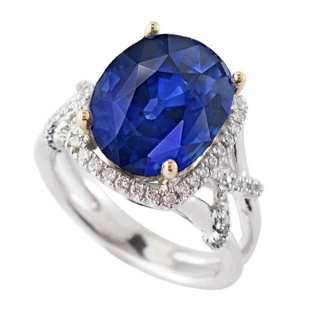 Bague Saphir Bleu Ovale Et Diamants Taille Ronde De Pierres Précieuses 7.81 Carat - HarryChadEnt.FR