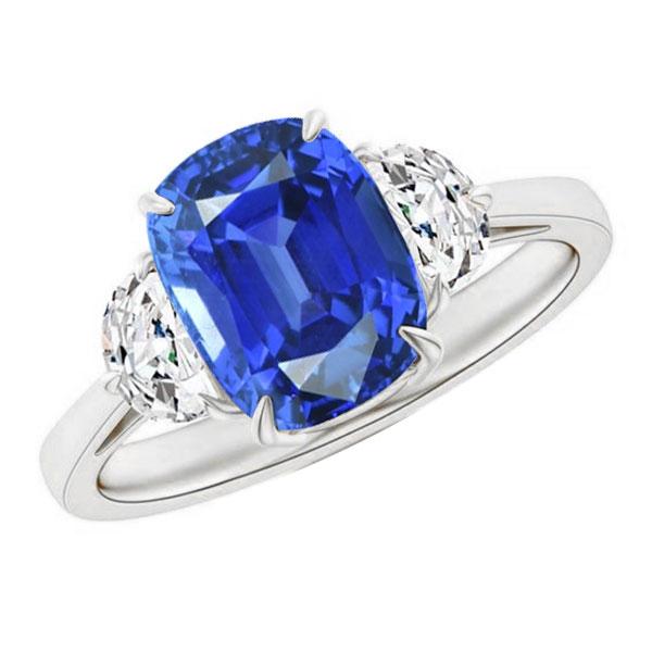 Bague Saphir Bleu Ovale Trois Pierres 4.50 Carats Diamants Demi Lune - HarryChadEnt.FR