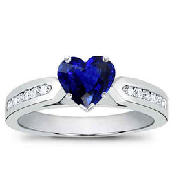 Bague Saphir Bleu Pierre Gemme Coeur & Diamants Ronds Or 2.50 Carats