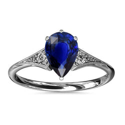 Bague Saphir Bleu Poire 3 Pierres Style Antique & Diamants 3.25 Carats