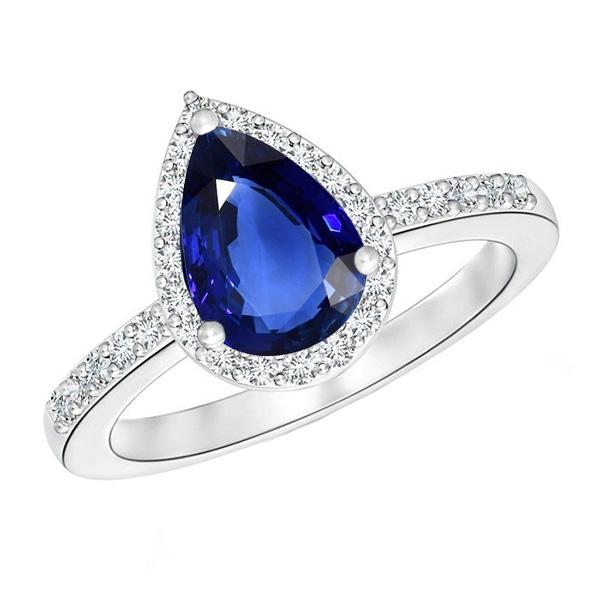 Bague Saphir Bleu Poire Halo & Diamants 3.25 Carats Or Blanc 14K - HarryChadEnt.FR
