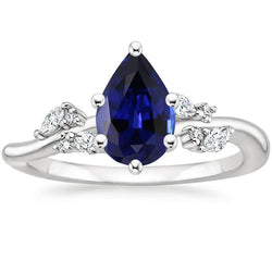 Bague Saphir Bleu Poire Naturel & Marquise. Diamants Ronds 6.75 Carats