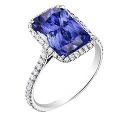 Bague Saphir Bleu Radiant Halo Femme 4 Carats Accent Diamants