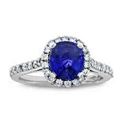 Bague Saphir Bleu Rond 2.50 Carats Avec Diamant Or Blanc 14K