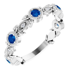 Bague Saphir Bleu Rond Diamant Style Vintage 3 Carats Or Blanc 14K