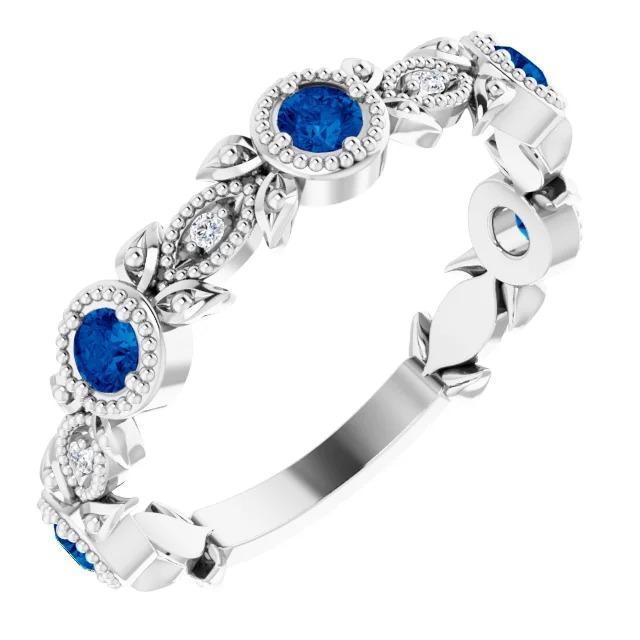 Bague Saphir Bleu Rond Diamant Style Vintage 3 Carats Or Blanc 14K - HarryChadEnt.FR