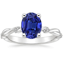 Bague Saphir Bleu Solitaire Ovale Avec Accents Style Twist 3.50 Carats