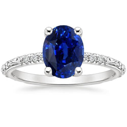 Bague Saphir Bleu Solitaire Style Antique Avec Accents 3.50 Carats