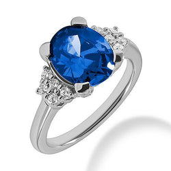 Bague Saphir Bleu Sri Lanka 4 Ct Et Diamant Or Blanc 14K