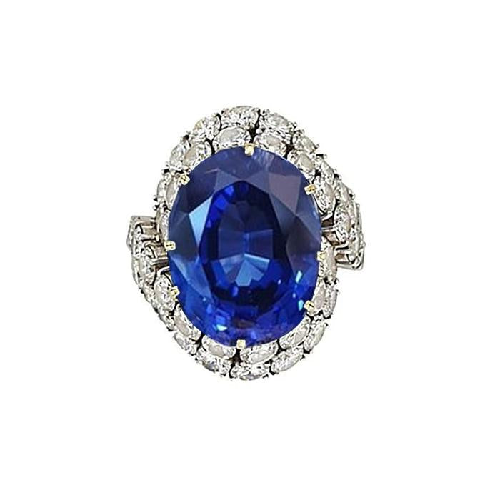 Bague Saphir Bleu Sri Lanka Ovale 7 Ct Et Diamants Or Blanc 14K - HarryChadEnt.FR