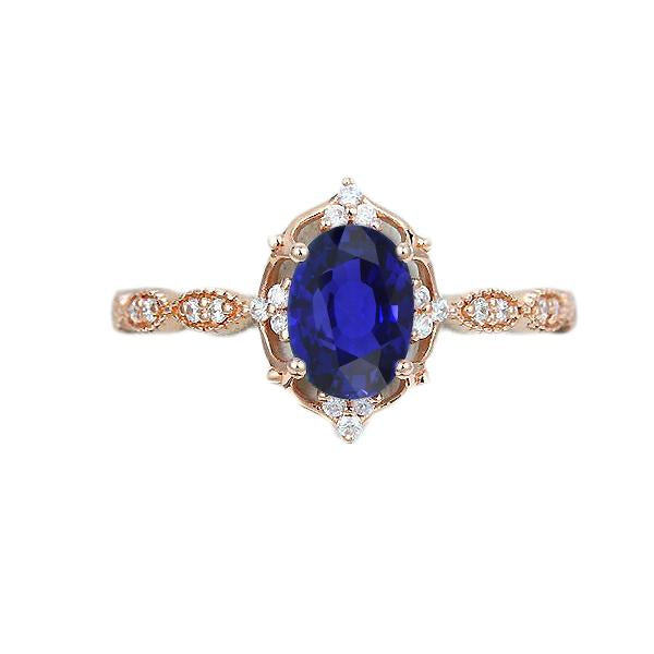 Bague Saphir Bleu Style Vintage Diamant Halo Or Rose 3 Carats - HarryChadEnt.FR