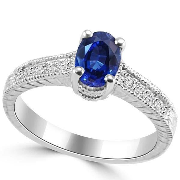 Bague Saphir Bleu Taille Ovale Avec Diamant 1.85 Carats Or Blanc 14K - HarryChadEnt.FR