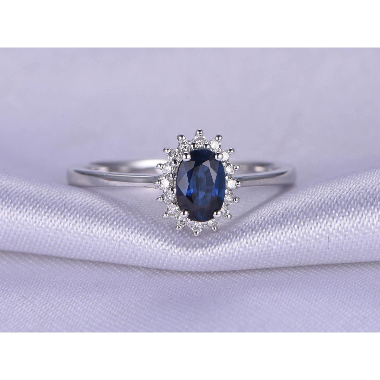 Bague Saphir Bleu Taille Ovale Et Diamant 2.5 Carats Or Blanc 14K - HarryChadEnt.FR