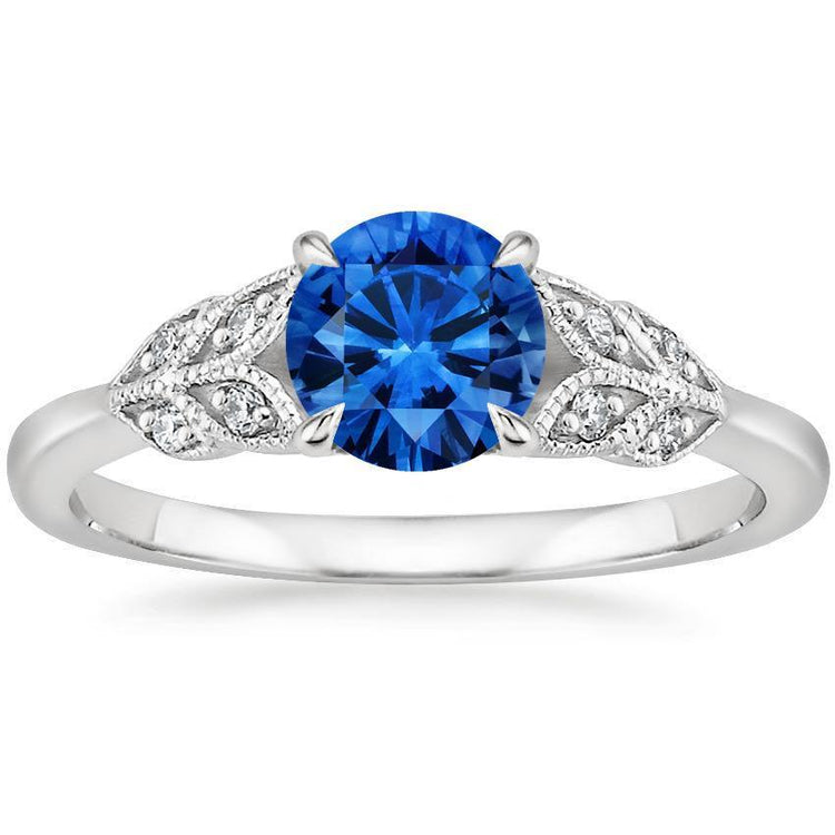 Bague Saphir Bleu Taille Ronde Avec Diamants 2.25 Ct Nouvel Or Blanc 14K - HarryChadEnt.FR