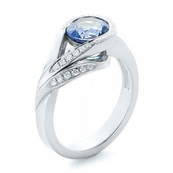 Bague Saphir Bleu Taille Ronde Et Diamants 2.50 Ct Or Blanc 14K