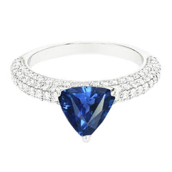 Bague Saphir Bleu Trillion Pierres Précieuses Serti Diamants 3 Carats