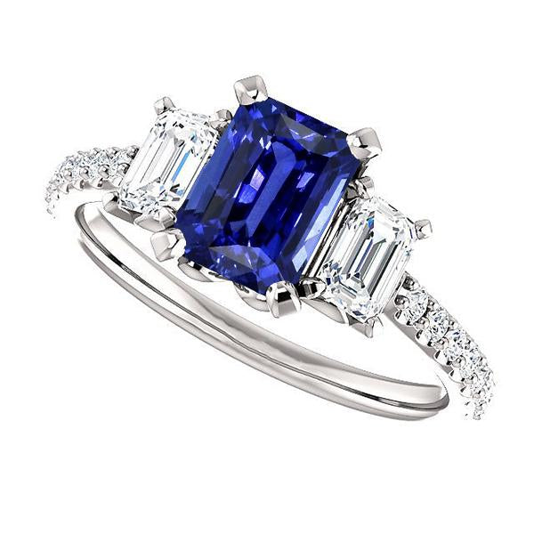 Bague Saphir Bleu Radiant Pierres Précieuses Style 3 Pierres & Diamants 4 Carats - HarryChadEnt.FR