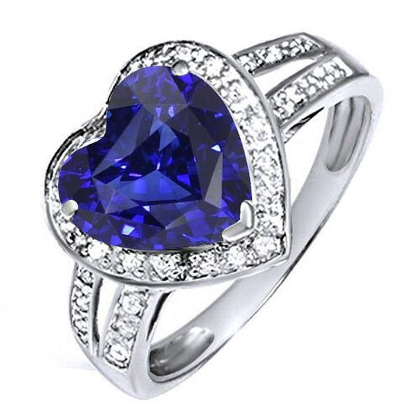 Bague Saphir Ceylan Coeur Halo Diamants Tige Split 4.50 Carats - HarryChadEnt.FR