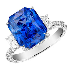 Bague Saphir Ceylan Diamant Radiant 7.50 Carats 3 Pierres Style Griffe