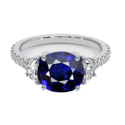 Bague Saphir Ceylan Ovale Style 3 Pierres & Diamants Demi Lune 11 Carats