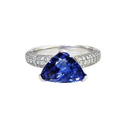 Bague Saphir Ceylan Trillion Pierres Précieuses Sertie Diamants 3.50 Carats