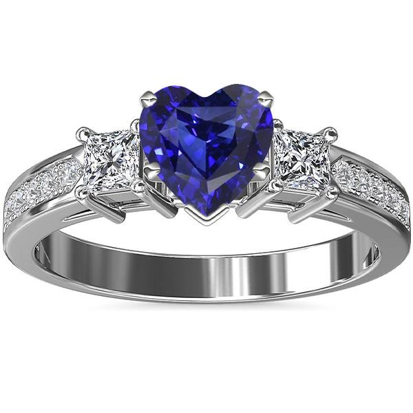 Bague Saphir Coeur Style 3 Pierres Princesse & Diamants Ronds 3 Carats - HarryChadEnt.FR