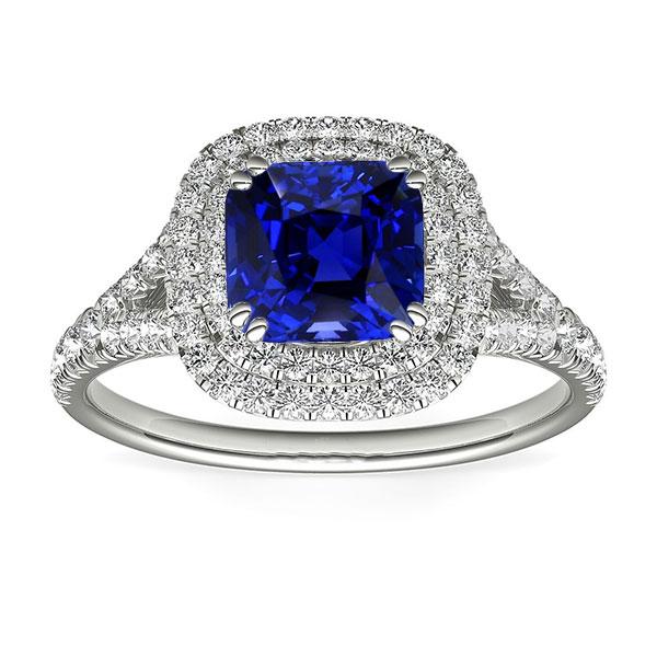 Bague Saphir Coussin Double Halo Pavé Diamants Tige Split 4 Carats - HarryChadEnt.FR