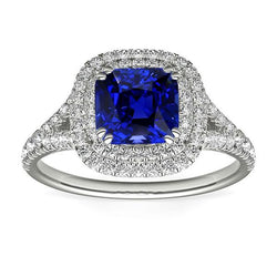 Bague Saphir Coussin Double Halo Pavé Diamants Tige Split 4 Carats