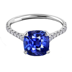 Bague Saphir Coussin Pierres Précieuses 3.50 Carats Diamants Double Griffe