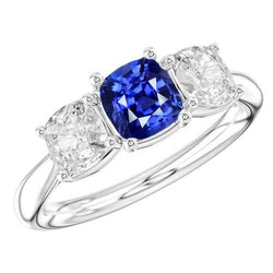 Bague Saphir Coussin Trois Pierres Diamants Or 2.50 Carats Joaillerie