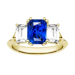 Bague Saphir Diamant Emeraude 3 Pierres Tige Fendue Or Jaune 2 Carats