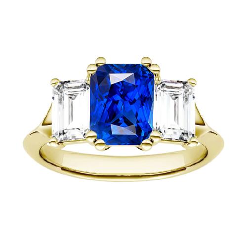 Bague Saphir Diamant Emeraude 3 Pierres Tige Fendue Or Jaune 2 Carats - HarryChadEnt.FR