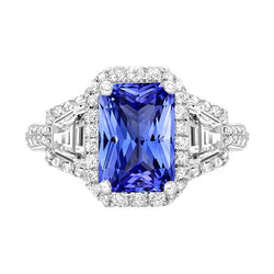 Bague Saphir Diamant Rond Halo 4 Carats Baguette & Accents Emeraude