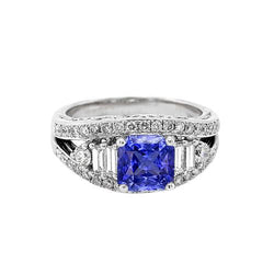 Bague Saphir Diamant Rond Style Oeil Ouvert Tige Fendue 2.50 Carats