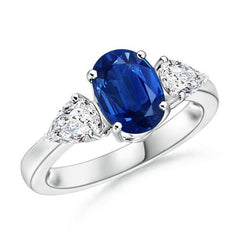 Bague Saphir Et Diamants Taille Ovale Et Poire 3.50 Ct Or Blanc 14K