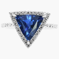 Bague Saphir Halo Trillion 5 Carats Pavé Accents de Diamants Or 14K
