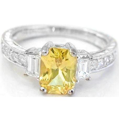 Bague Saphir Jaune Radiant De 4.75 Ct Et Diamants Ronds Or Blanc - HarryChadEnt.FR