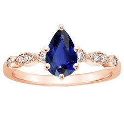 Bague Saphir Or Rose Style Vintage Poire & Diamants Ronds 4 Carats