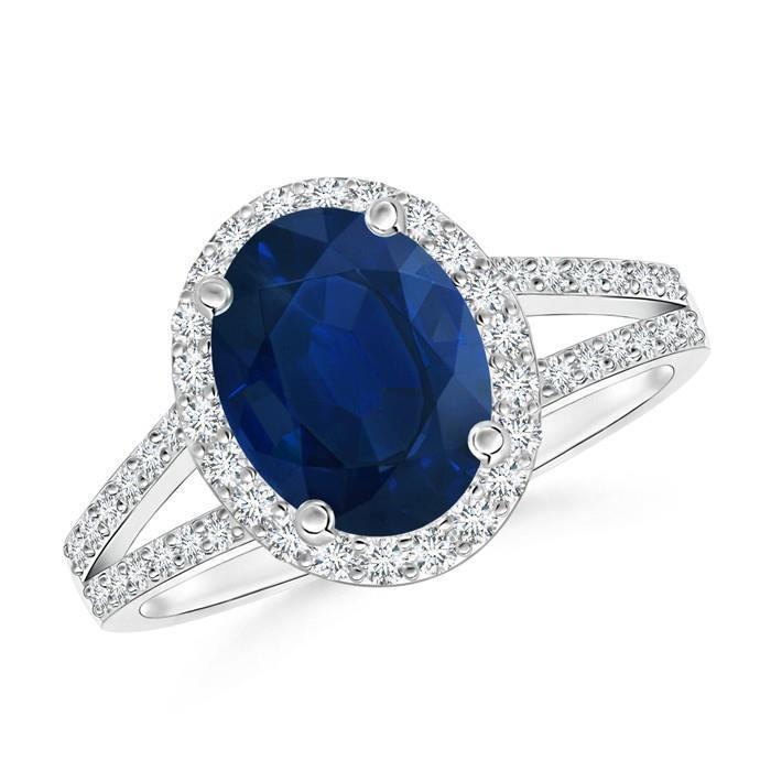 Bague Saphir Ovale Bleu Avec Accents Diamant Or Blanc 14K 3.50 Ct - HarryChadEnt.FR