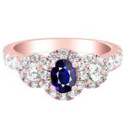 Bague Saphir Ovale Halo Or Rose 3 Diamants Style Pierre 5.50 Carats