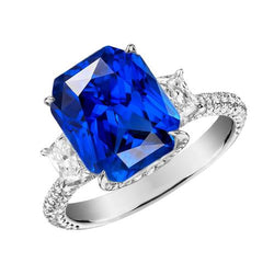Bague Saphir Radiant Diamant 3 Pierres Avec Accents Or 4.50 Carats