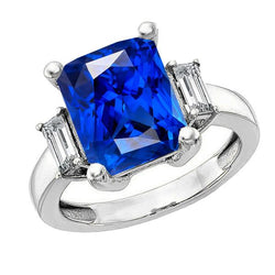 Bague Saphir Radiant Or 3 Pierres Diamants Baguette Droite 4 Carats