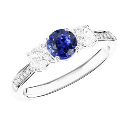 Bague Saphir Rond & Diamant Or Blanc 2.50 Carats Style 3 Pierres