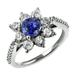 Bague Saphir Ronde avec Pierres Précieuses Halo Style Fleur Épanouie 3.50 Carats