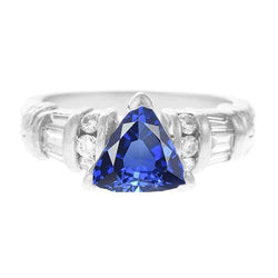 Bague Saphir Trillion Pierres Précieuses Baguette & Diamants Ronds 2.50 Carats