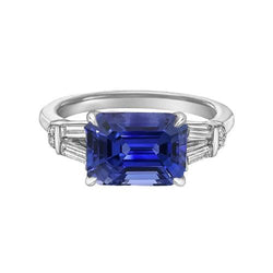 Bague Saphir de Ceylan Baguette & Diamant Rond Taille Émeraude 2.50 Carats