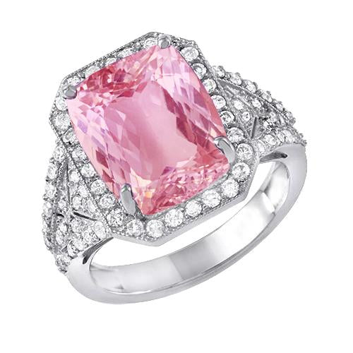 Bague Sertie De Griffes 18.35 Carats Kunzite Rose Avec Diamants Or Blanc - HarryChadEnt.FR