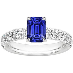 Bague Sertissage Pavé de Diamants Emeraude Saphir de Ceylan 5 Carats