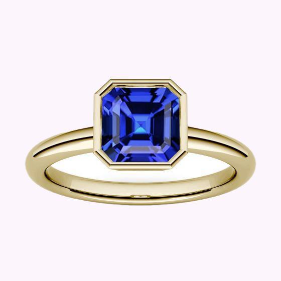 Bague Solitaire 1.50 Carats Lunette Sertie Asscher Saphir Or Jaune 14K - HarryChadEnt.FR